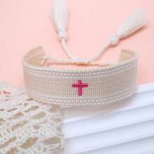 1pc Embroidered Cross Boho Handmade Woven Tassel Bracelet - Apricot - View 7