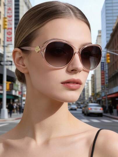 1副椭圆形复古女士时尚眼镜，香槟色渐变镂空设计，心形镶嵌镜腿，适合海滩、旅行、度假、街头风格