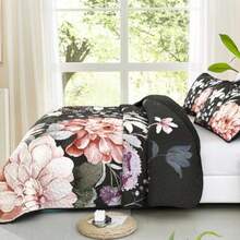 Floral Quilt Queen Size - 3 Pieces Black Quilt Botanical Bedspread Soft Lightweight Flower Bedding Set for All Season 96"x90" - Negro - Ver 5