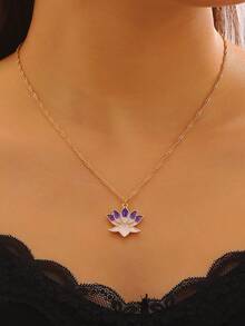 Vintage Elegant Colorful Lotus Flower Pendant Necklace, Women's Lotus Flower Choker Necklace, Suitable For Daily, Party, Date, Festival, Summer Beach Vacation, Gift For Friends, Family, Couples, Jewelry Accessory - Multicolor - View 10