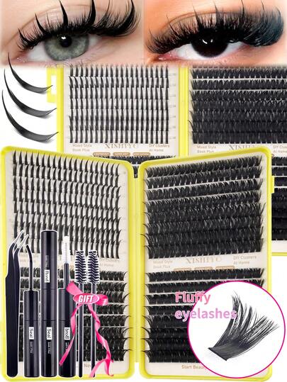 XISHIYO 592片装 80D+100D+150D 高容量睫毛册，3D 超蓬松柔软舒适高级 DIY 睫毛簇，俄罗斯睫毛嫁接套装，3D 卷翘睫毛 10-18mm，4 种款式 DIY 睫毛嫁接，适合居家使用