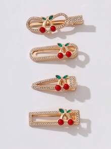 4件套女士镂空樱桃水钻发夹，侧刘海鸭嘴发饰 - 彩色 - 查看 7