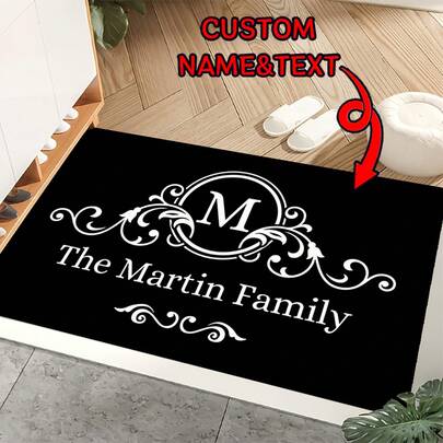 1pc Personalized Welcome Door Flannel Mat - Family Name/Surname - Elegant Black & White Entry Flannel Mat With Lettering - Soft Durable Indoor/ Flannel Mat - Housewarming Gift For Front Door, Living Room, Bedroom, Bathroom - Easy-Clean Customized Housewarming Present - Family Name Door Flannel Mat - Machine Washable & Sturdy - Perfect For Home Decoration & New Home Gifts, Welcome Flannel Mat For Front Door, Front Door Flannel Mat, Rug Polyester, Polyvinyl Chloride, Velvet, Plush, Sponge, Entryway, Porch, Bathroom, Bath, Bedroom, Hall, Laundry, Hallway, Living Room, Kitchen, Entry, Laundry Room, Non-Slip, Anti-Slip, Water-Absorbent, Wear-Resistant, Dust-Proof, Waterproof, Easy To Clean, Soundproof, Breathable, Soft, Flexible