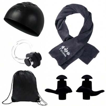5件套游泳装备 | 硅胶泳帽 + 防水耳塞和鼻夹 + 速干毛巾 + 收纳袋，全套游泳装备，适合初学者、日常训练和海滩活动