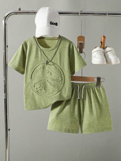 2件装男童休闲日常恐龙压花短袖T恤套装