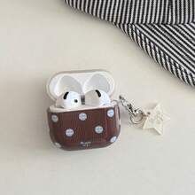 Brown Striped Polka Dot + Star Pendant Earphone Case Compatible With Apple Pro3/Pro2/AirPods4/AirPods3/AirPods2, Fashionable Women Earphone Case, Minimalist Earphone Case, Apple Earphone Case, Apple Earphone Cover - Brown - View 6