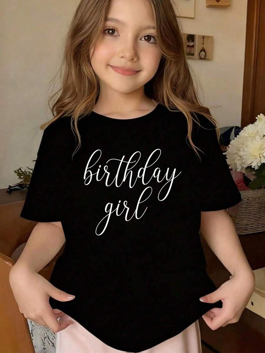 Tween Girl Clothes 1PC, Birthday Girl Shirt, Cute Script Birthday Tee Sweatshirt  For Women, Fun Party Outfit Comfy Graphic T Shirt, Tween Summer Clothes, Black Tops - màu đen - Xem 1
