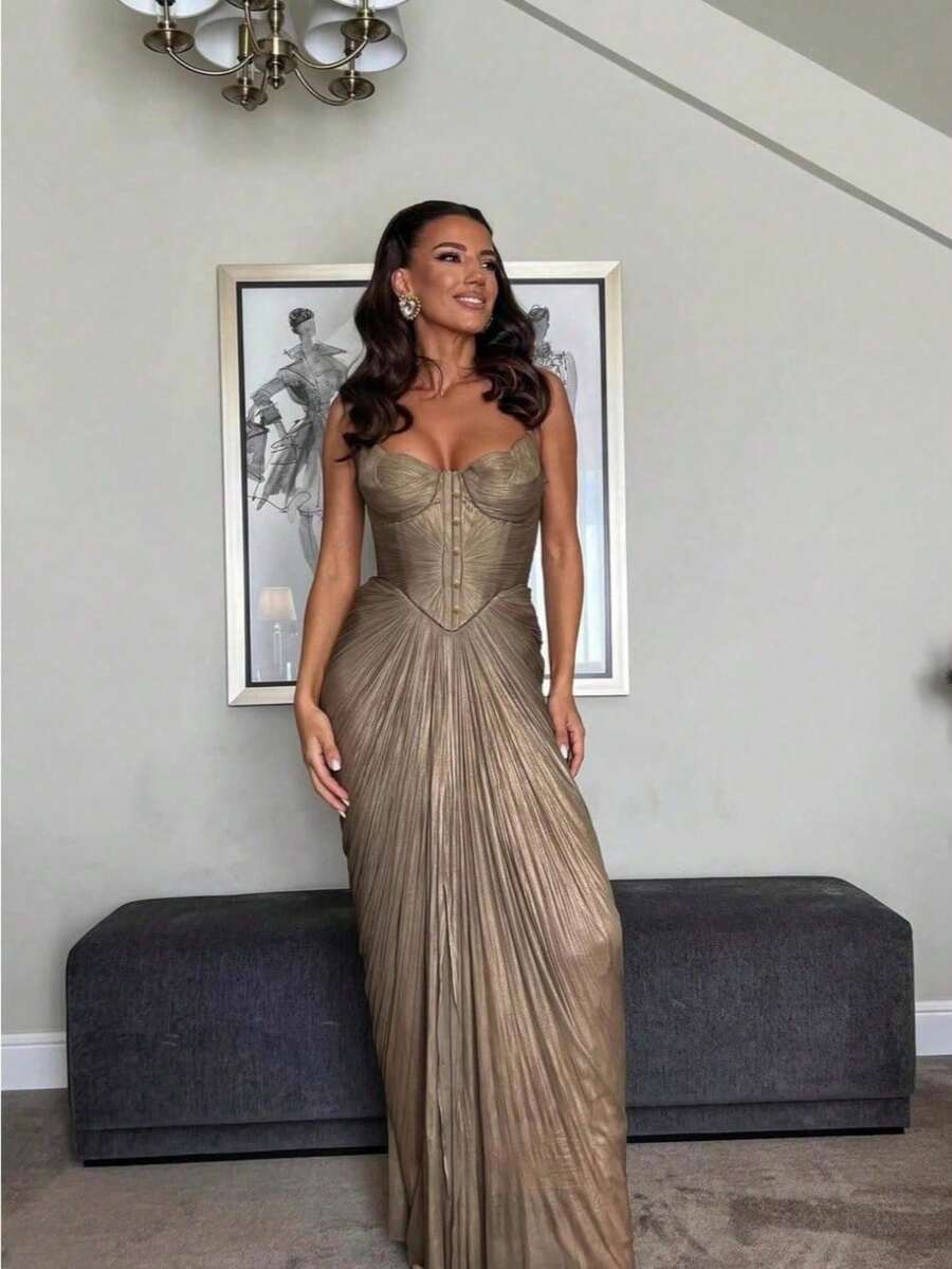 Women's Dress 2026 New Style Pleated Gold-Stamped Ribbon Dress - Suitable For Casual Gatherings, With A Slit Design, Women's Formal Evening Gown - 金色 - 查看 1