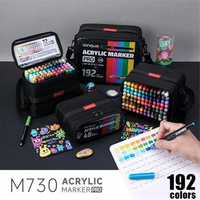 48/72/96/192 Colors Rich Acrylic Marker Pen Set, 60% Upgraded Ink Capacity For Enhanced Color Coverage, Soft Tip, Large Capacity, Suitable For Glass, Ceramic, Wood, Fabric, Stone, Plastic, Canvas, Applicable For Painting, Writing, Marking, DIY, Student Coloring, High Coverage, Waterproof After Drying, Comes With Fabric Storage Bag