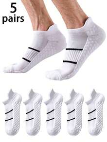 5/10 Pairs Men's White Sports Boat Socks With Contrast Stripes, Breathable Athletic Style Suitable For Daily Workout - White - View 8