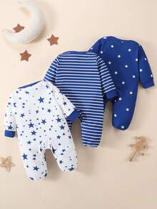 3pcs/Set Star Print Footie Romper - Blue - View 2