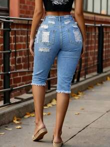 Women's Casual Ripped Denim Bermuda Shorts With Medium Stretch And Zipper Details, Light Wash Straight Leg Fit - Blue - View 3