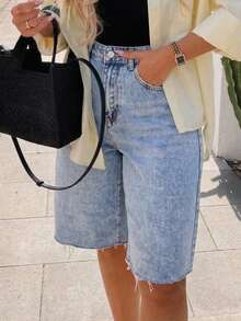 女士水洗无弹牛仔短裤，休闲夏季度假 - 藍色 - 查看 4