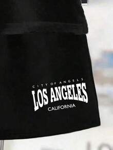 Conjunto casual diario de camiseta de manga corta con cuello redondo y estampado de letras, y pantalones cortos para niño pequeño - Negro - Ver 6