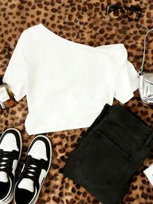 Women's Loose Open Shoulder Batwing Short Sleeve T-Shirt, With Sea Turtle & English Print White Casual Summer - White - View 5