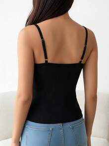 1pc Casual Comfortable Minimalist Women Lace Patchwork Bralette Camisole, Slim Fit Cropped Sleeveless Tank Top - Black - View 6