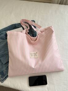 Túi tote vải canvas sọc dung tích lớn mới 2026 cho nữ, túi đeo vai sọc phong cách retro trang trí nhãn vải, cấu trúc canvas nhẹ thoáng khí với thiết kế miệng rộng, phù hợp đựng laptop, sách, mỹ phẩm, đồ dùng hàng ngày, lý tưởng cho đi làm, đi học, du lịch cuối tuần - Hồng - Xem 5