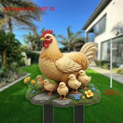 1 pieza Decoración de jardín de acrílico 2D de gallina y pollitos, adecuada para regalo de las 4 estaciones, impresión plana 2D, resistente al viento y a la intemperie, sin necesidad de energía o batería, marcador para césped y plantas en maceta, ideal para decoración de jardín, césped y patio, regalo perfecto para fiestas