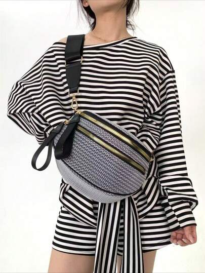 Ladies' Fashionable Mesh Sports Crossbody Bag, Multi Pocket Zipper Nylon Lightweight Shoulder Bag, Detachable Shoulder Strap Handbag