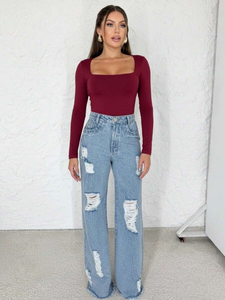 Women's Second Skin Bodysuit With Square Neckline And Long Sleeves - Basic - Blogger Style - Burgundy - View 1