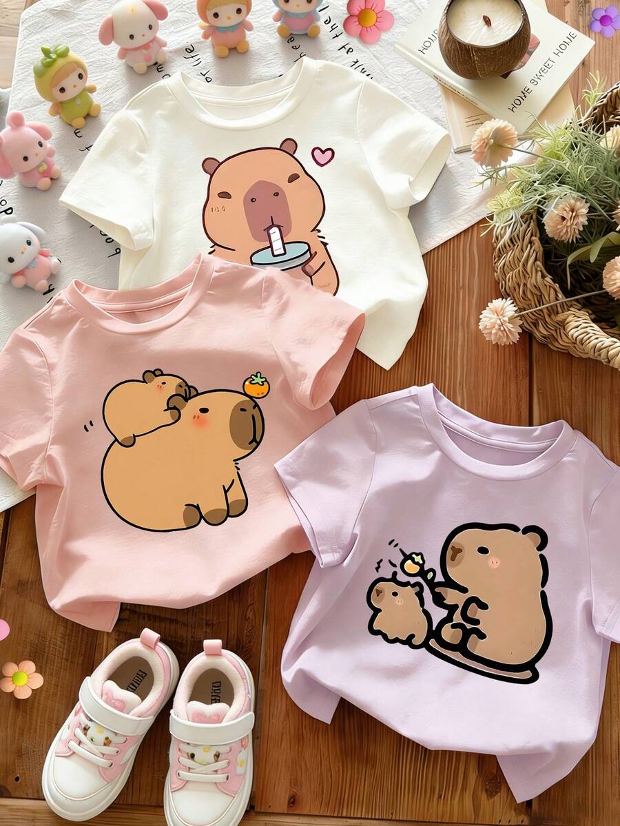 Bộ 3 áo thun ngắn tay in hình chuột lang nước cho bé gái, thích hợp cho bé gái lớn mặc vào mùa hè. - Nhiều màu - Xem 1