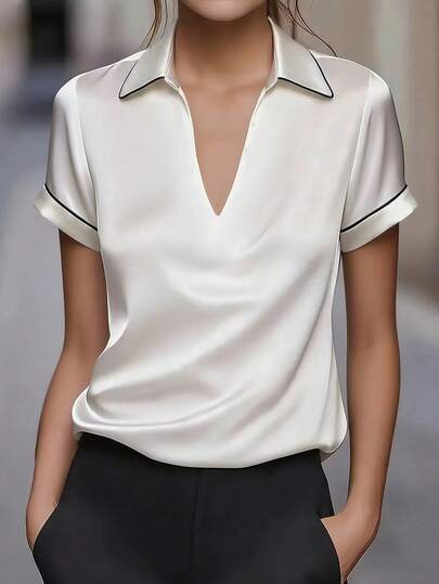 Áo kiểu nữ dáng tiêu chuẩn mùa xuân/hè, cổ bẻ, viền tương phản, chất liệu bóng, thanh lịch, kiểu dáng thường ngày.