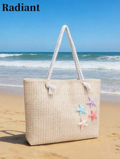 Summer Beach Bag, Straw Tote Bag, Large Capacity Women's Handbag, Decorated With Sunflower And Starfish, Perfect For Beach Vacations, Shopping, And Dates.