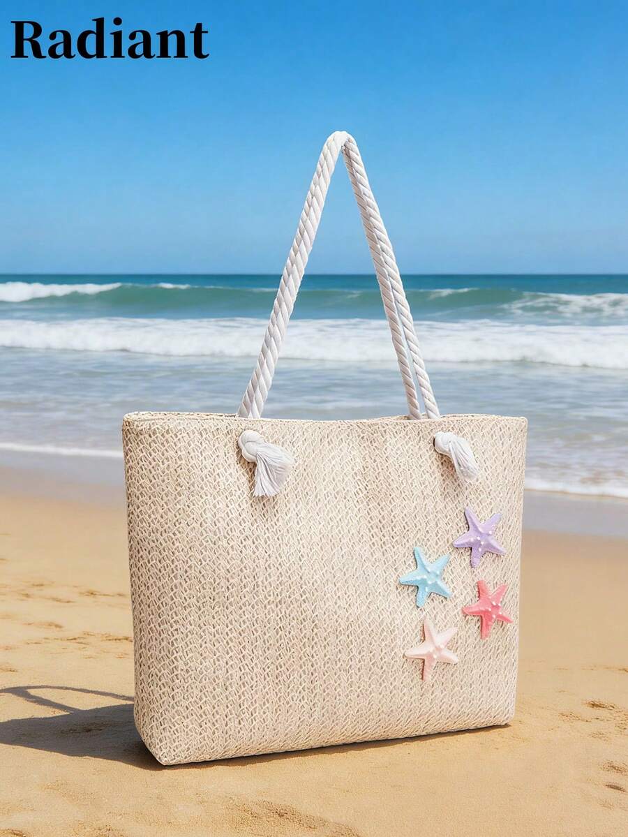 夏季海灘包，草編大容量女款手提包，裝飾向日葵與海星，適合海灘度假、購物與約會