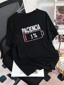 Women's T-Shirt With A Red Battery Icon Indicating 1% Battery Level, Casual Style, Round Neck And Short Sleeves, Suitable For Spring, Summer, Autumn, Back To School, Etc. - Black - View 2