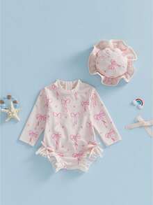 Conjunto de Traje de Baño con Protección Solar para Niña Pequeña con Estampado de Lazo, Manga Larga, Cuello Redondo, Mono con Volantes y Conjunto de Sombrero para Piscina y Playa - Caqui - Ver 1