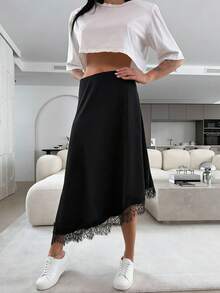 新款春夏女士优雅撞色蕾丝A字裙，优美花卉蕾丝裙摆 - 黑色 - 查看 3