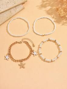 4pcs/Set Fashionable Ocean Style Starfish Pendant Elegant Faux Pearl Beaded Bracelet, Bohemian Multi-Layer Wearable Jewelry For Women, Suitable For Daily Wear, Beach, And Travel - Multicolor - View 2