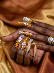 10PCS Handmade Tiger Print Curve Press On Nails Gold Base With Iridescent Rhinestones And Assorted Gem Decor High-Gloss Finish Salon Grade Reusable No File Needed Perfect For Festivals And Parties Ideal Gift For Bold Style Enthusiasts Summer Easter - 橘色 - 查看 3