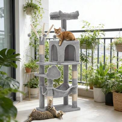 44" Light Gray Cat Tree Tower With Scratching Posts, Condo, Hammock & Interactive Toys, Multi-Level Cat Activity Center For Indoor Cats