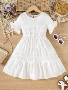 Đầm trắng tay phồng xếp ly dáng casual cho bé gái - Phong cách tối giản thời trang, thiết kế nhẹ nhàng, phù hợp mặc mùa xuân/hè, trang phục thường ngày | Viền xếp ly | Đầm nhẹ - trắng - Xem 1