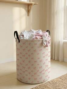 1pc Bow Pattern Printed Large Capacity Foldable Round Storage Basket With Handle, Multi-Purpose Storage Basket For Nursery, Baby Diaper, Clothes, Toys And Other Accessories - Multicolor - View 15