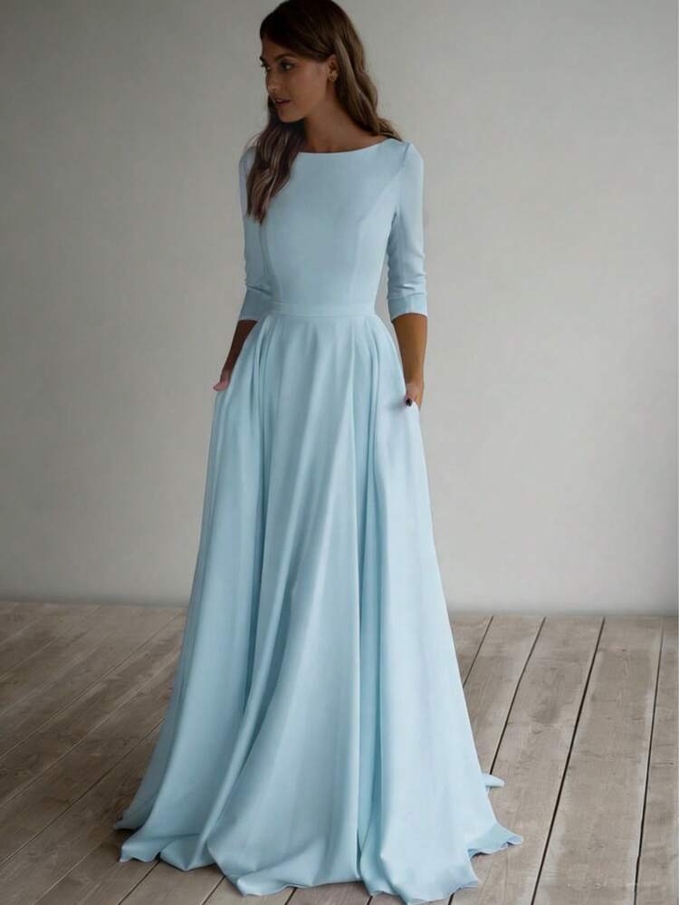 Elegante, effen gebreide jurk met plooien voor een bruiloftsgast - Baby blauw - Bekijken 3