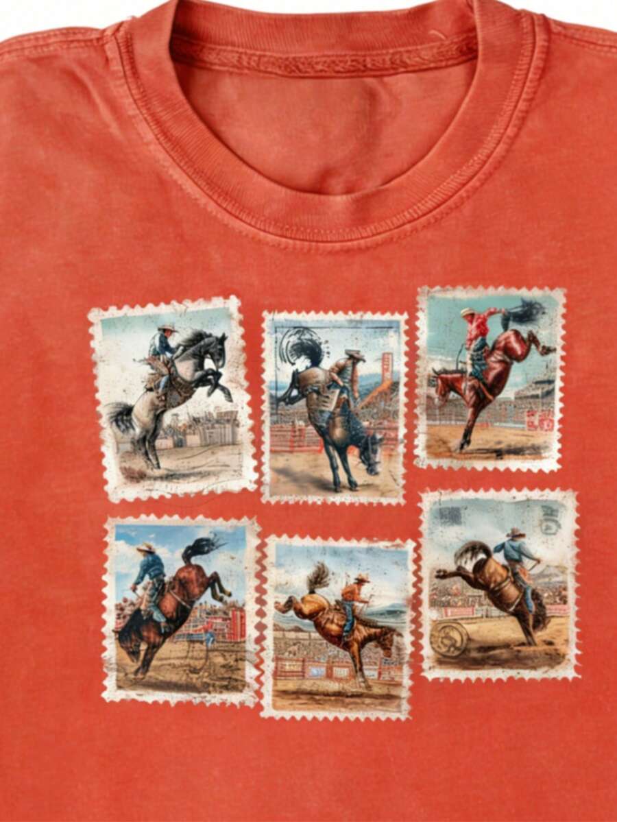 Vintage Washed Cotton Women's T-Shirt, Western Rodeo Cowboy Wild Horse Stamp Print Retro Casual Streetwear Top, Versatile Summer&Autumn Daily Wear Tee - 珊瑚橙 - 查看 1