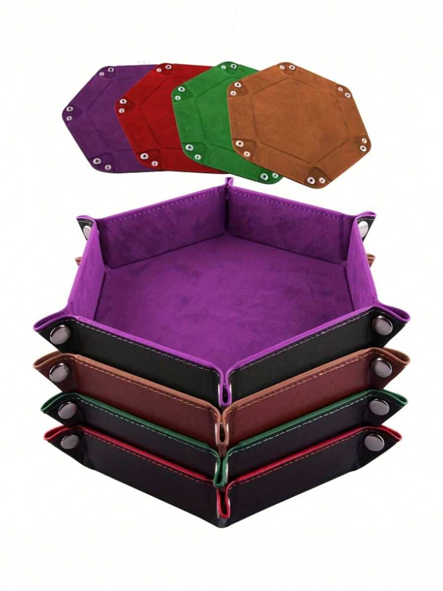 1pc PU Leather Velvet Folding Storage Tray, Hexagonal Dice Tray, Dice Holder Storage Box, Plain Desktop Storage Basket For Dice Games - A - View 1