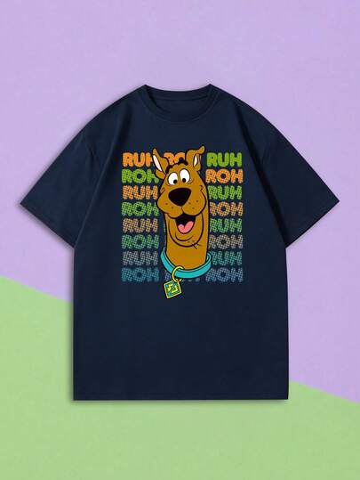 SHEIN X SCOOBY-DOO Maglietta a girocollo oversize da donna, stampa retrò con testa di cane e lettere ripetute, colore blu navy per un aspetto snellente e versatile, motivo divertente per uno stile vivace e giovanile, morbida e traspirante, casual per uso quotidiano, ideale per stile retrò americano, streetwear, outfit campus, appuntamenti di coppia, picnic primaverili e festival musicali, maglietta basic