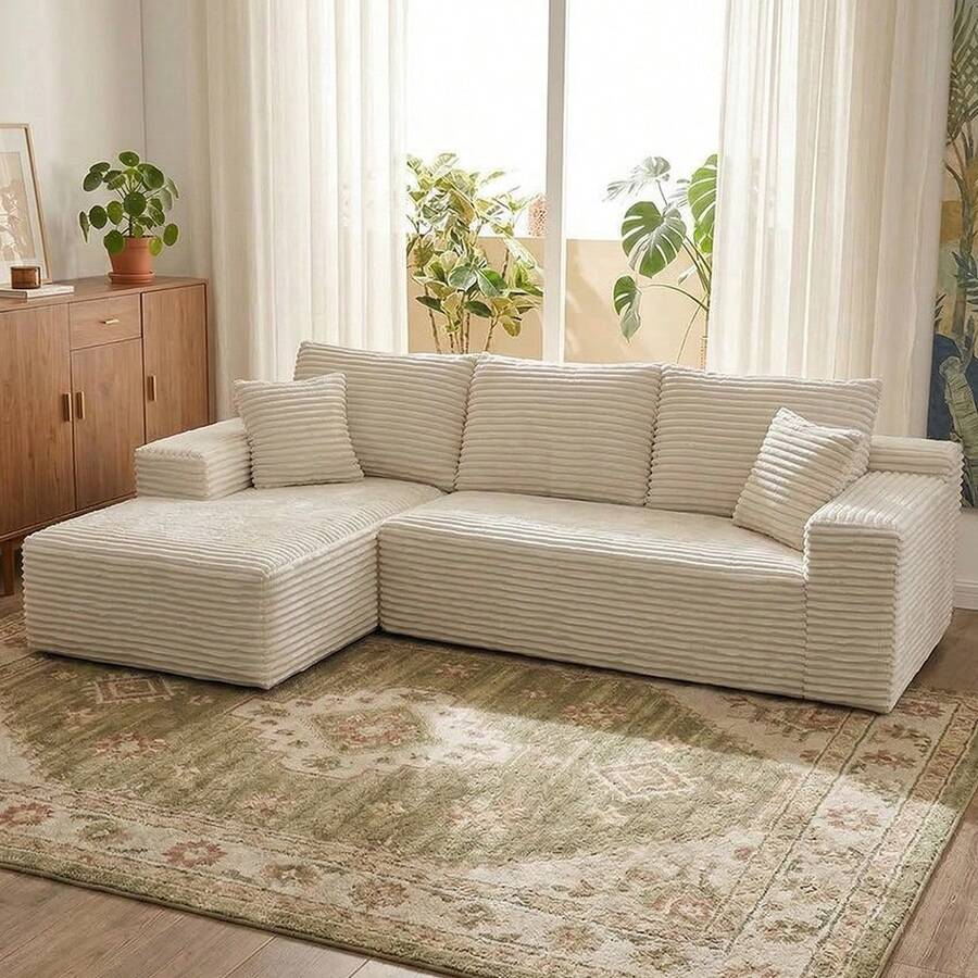 105 Inches Plush Modern L-Shaped Cloud Sectional Sofa Corduroy Cloud Velvet Modular Couch With Chaise, No Assembly Required Sectional Sofa Living Room Furniture - 白色 - 查看 1