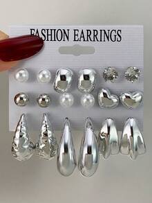 Set de 18 piezas de aretes con diseños asimétricos geométricos en forma de corazón y gota de agua, diseño minimalista y elegante de lujo, adecuado para uso diario - Plateado - Ver 2