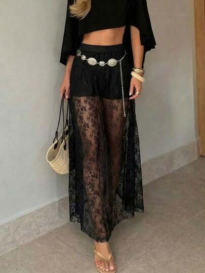 1 chiếc chân váy ren xuyên thấu dành cho nữ (không bao gồm thắt lưng), gấu váy không đều, thích hợp cho các buổi gặp gỡ thường ngày, tiệc tùng, trang phục đường phố, chân váy ren xuyên thấu phối màu trơn thanh lịch, đi biển, hẹn hò buổi tối, tiệc độc thân, mùa xuân/hè.