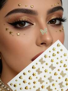 1pc/2pcs Gold & Silver Heart Butterfly Round Clip-On Fake Nose Stud, With Self-Adhesive Rhinestone, Non-Piercing, 3-6mm, Comes With Glitter Butterfly, DIY Design, Body Jewelry, Face Sticker Suitable For Eyebrows, Lips - Gold - View 8