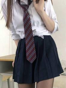 1pc Women's Collegiate Style Maroon Striped Necktie, Suitable For Shirts As Gift - Burgundy - View 1