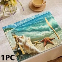 4/6/8 Piezas Set, Manteles individuales con Patrón Oceánico, Decoración de Fiesta, Manteles de Mesa de Comedor (Lino), Posavasos Lavables Impresos, Protectores de Superficie, Decoración Ideal para Reuniones Festivas en la Cocina y el Hogar - Multicolor - Ver 6