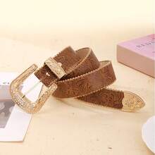 1pc Women's Embossed Western Cowgirl Style Beaded Buckle PU Leather Belt, Suitable For Daily Wear - Brown - View 2