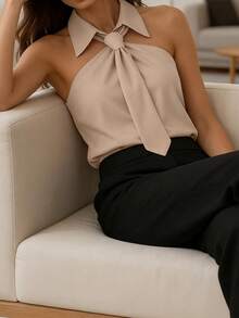 Women's Casual Elegant Daily Versatile Solid Color Lapel Tie Neck Sleeveless Backless Blouse, Spring/Summe - Apricot - View 2