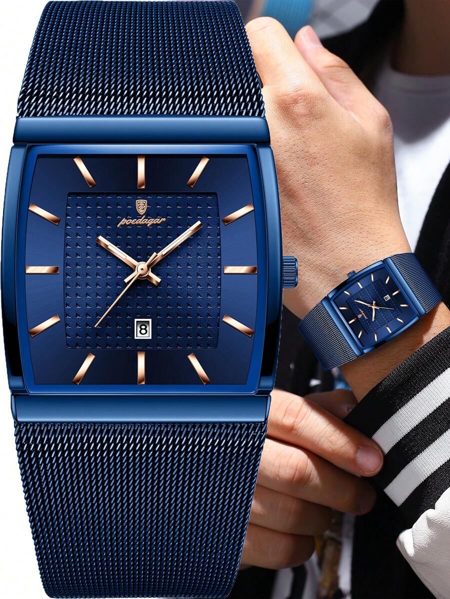 POEDAGAR 1pc Casual Men's Stainless Steel Mesh Band Date Quartz Wristwatch, Business Waterproof Luminous Mle Watch Suitable For Work Occasions, Men's Gift