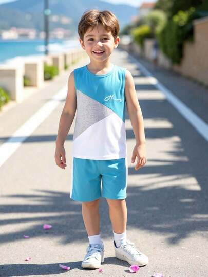 2pcs Young Boy Casual Street Smog Blue Contrast Color Letter Print Vest And Shorts Set